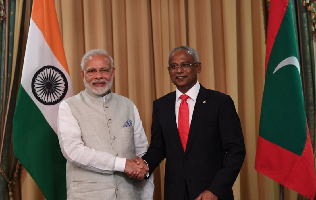 އިންޑިއާގެ ބޮޑުވަޒީރު ނަރެންދުރަ މޯދީ އަދި ރާއްޖޭގެ ރައީސުލްޖުމްހޫރިއްޔާ އިބްރާހިމް މުޙައްމަދު ޞާލިޙް - ފޮޓޯ: ސަން